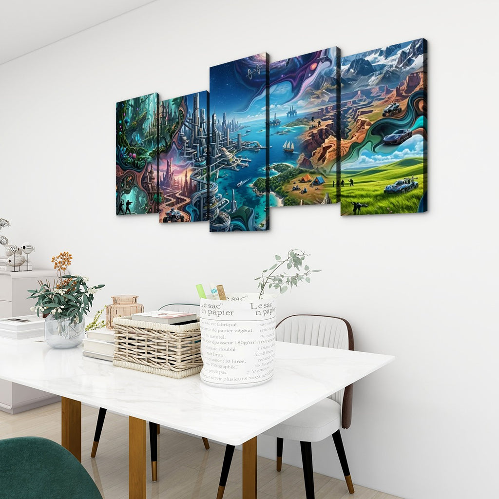 A 5-panel canvas wall art set depicting a vibrant fantasy landscape with a glowing city, lush green fields, and a swirling cosmic sky, displayed on a white wall above a dining table in a modern room setting.