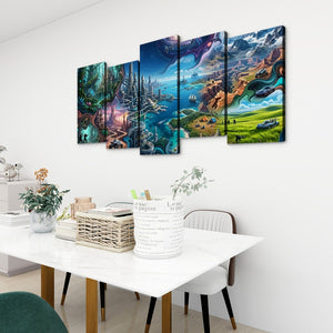 A 5-panel canvas wall art set depicting a vibrant fantasy landscape with a glowing city, lush green fields, and a swirling cosmic sky, displayed on a white wall above a dining table in a modern room setting.