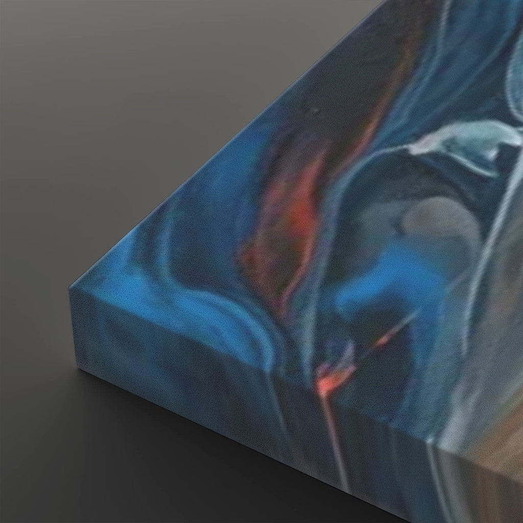A close-up of a rectangular art print or canvas showing an abstract marbled design with swirling blue, black, white, and orange-red tones, photographed against a dark gray background.