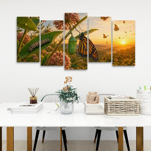 A five-panel canvas wall art set depicting butterflies, a monarch caterpillar, a green chrysalis, and a golden sunset landscape, displayed on a white wall above a styled dining table.