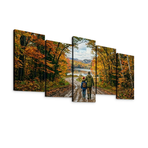 A five-panel canvas wall art set depicting a father and child walking along a dirt road surrounded by vibrant autumn trees, with a lake and mountains in the distance.