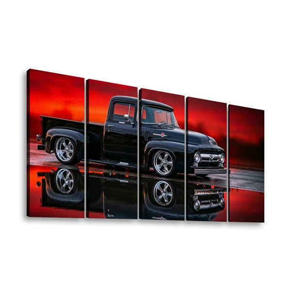 1956 Ford F100 Truck Reflection & Red Glow Canvas Wall Art | 1, 3 & 5 Panel Classic Truck Print