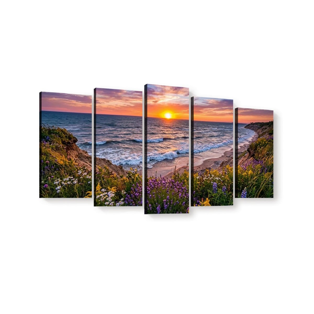 Lake Michigan Bluff at Sunset with Lavender Flowers  – 1, 3, 5-Panel Split Canvas Wall Art
