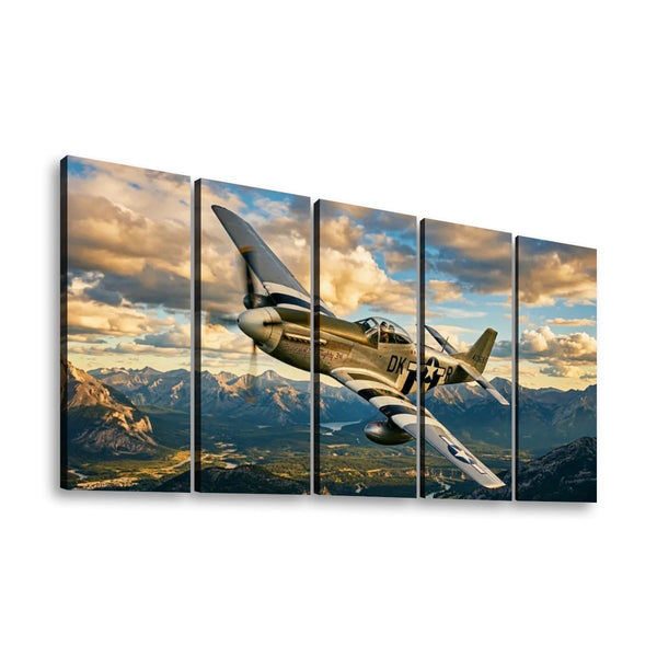 A five-panel canvas wall art set depicting a vintage military fighter plane flying over mountains under a dramatic cloudy sky at sunset, shown against a plain white background.