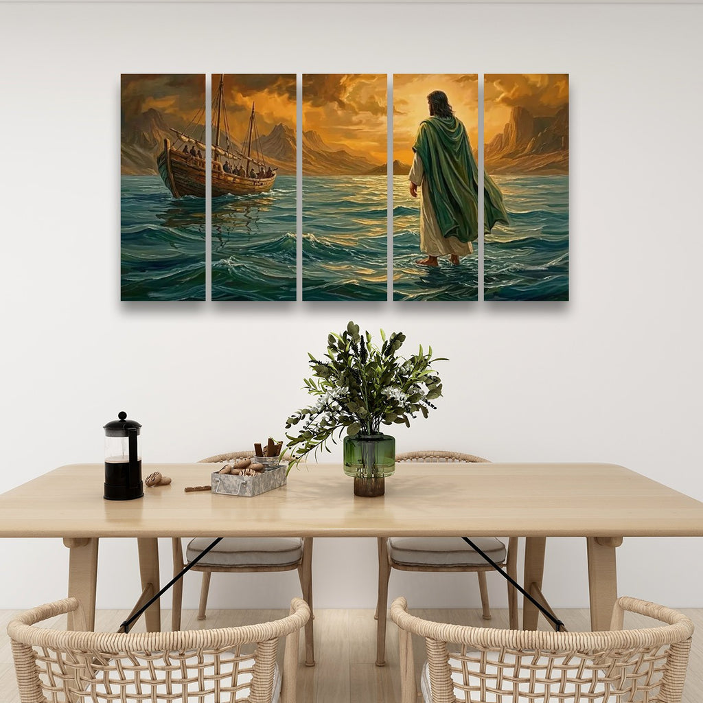 Jesus Walking on Water Stormy Seas Canvas Wall Art | 5-Panel Level & Diamond | 3 & 1 Panel