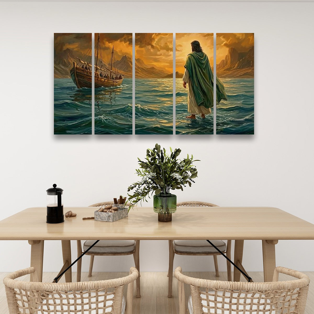 Jesus Walking on Water Stormy Seas Canvas Wall Art | 5-Panel Level & Diamond | 3 & 1 Panel