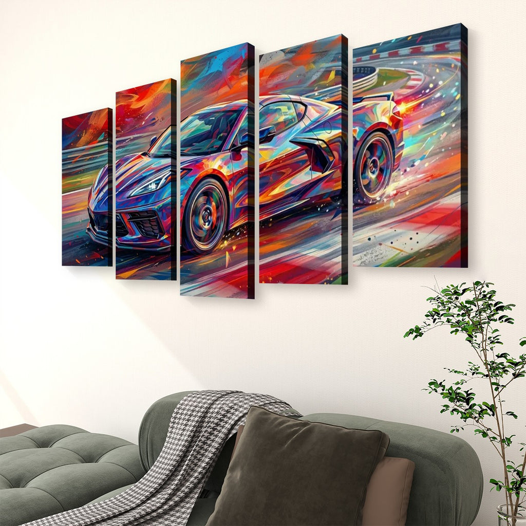 A five-panel canvas wall art set depicting a colorful, abstract Corvette sports car in motion, displayed on a white wall above a green sofa in a living room setting.