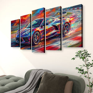 A five-panel canvas wall art set depicting a colorful, abstract Corvette sports car in motion, displayed on a white wall above a green sofa in a living room setting.