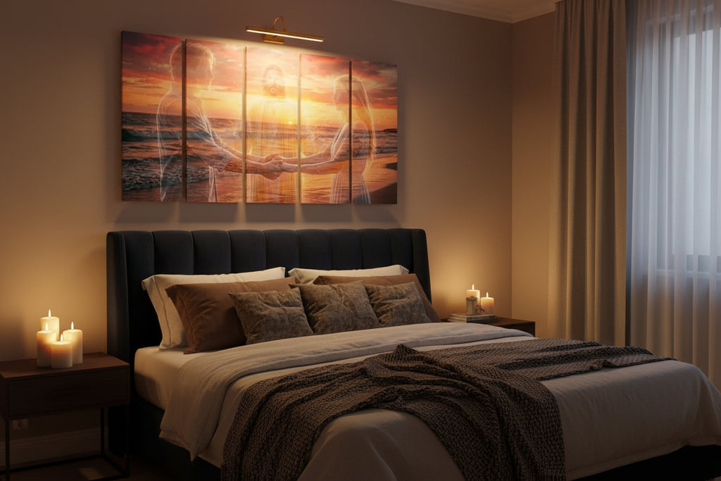 A five-panel canvas wall art set depicting a sunset beach scene with a couple holding hands.