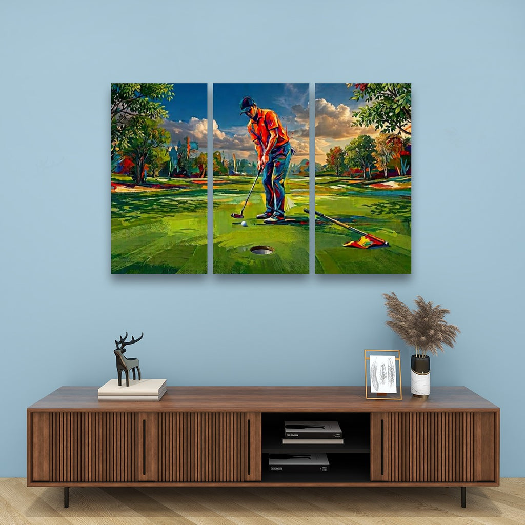 Golfer Golfing Putter Putting on Green — Golf Course Split Canvas Panel 1, 3 & 5 Wall Art