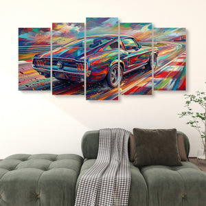 A five-panel canvas wall art set depicting a colorful, abstract classic 1967 Ford Mustang Fastback muscle car on a road, displayed above a green tufted sofa in a living room setting.astback