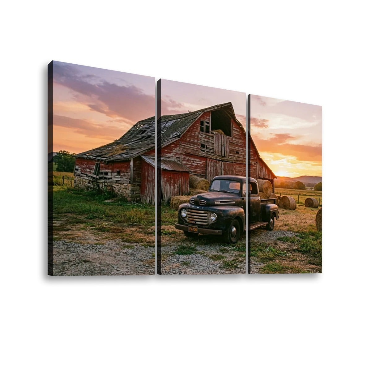 Ford F1 Patina Truck Canvas Wall Art – Old Barn Sunset | 1, 3 & 5 Panel Classic Truck Print