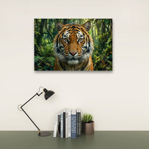 A rectangular wall art print showing a close-up tiger in a lush green jungle, displayed above a desk with a black lamp, books, and a small succulent on a light beige wall.