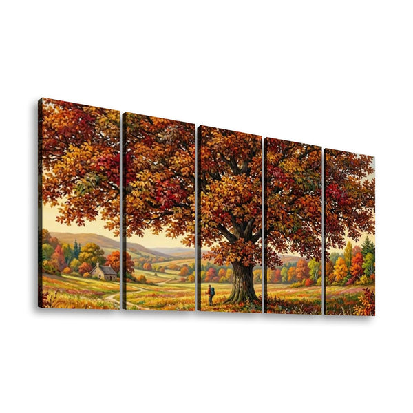 A five-panel canvas wall art set depicting a large autumn tree with red, orange, and yellow foliage over a pastoral landscape with rolling hills, fields, and distant mountains.