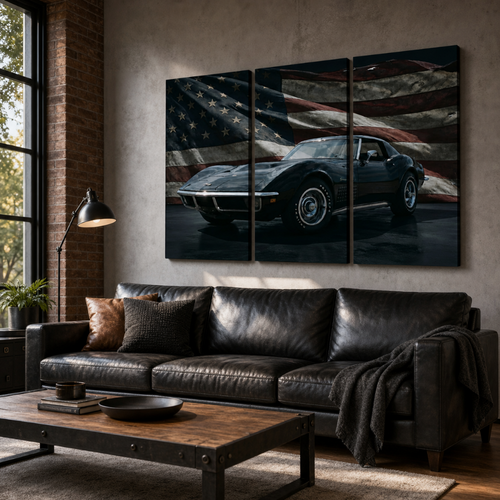 A three-panel canvas wall art print depicting a black 1972 Corvette sports car against a distressed American flag, displayed in a modern living room above a black leather sofa.