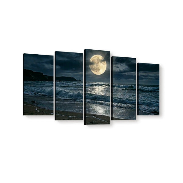 Gulf Moon Reflection Canvas Wall Art – Moonlit Beach Night Scene | 1, 3 & 5 Panel Coastal Print