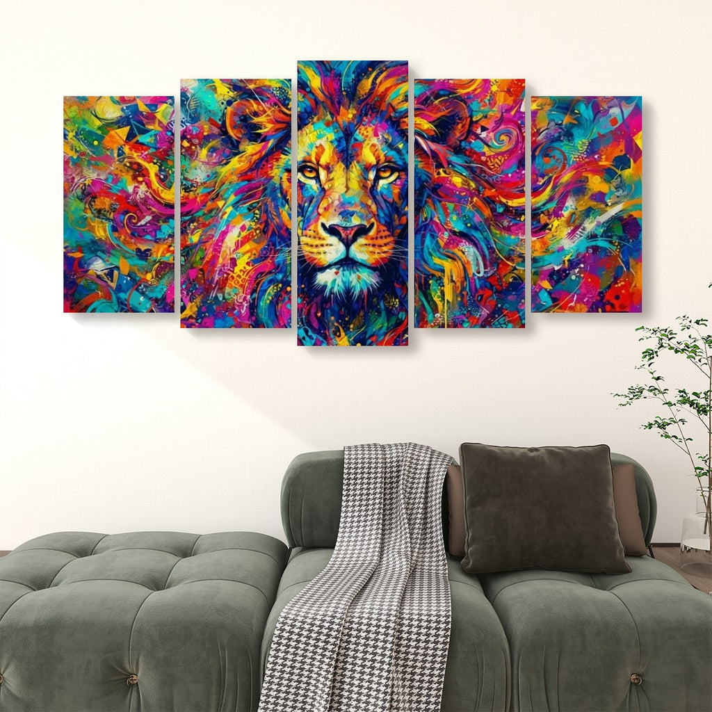 A five-panel canvas wall art set depicting a colorful, abstract lion portrait hanging above a green sofa in a living room setting.