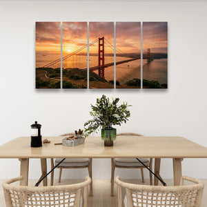Golden Gate at Golden Hour – 5-Panel Canvas Wall Art