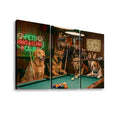 Three-panel canvas wall art showing dogs playing pool in a bar scene, with a neon sign reading 'Pets Paws & Claws Club' on the left panel.