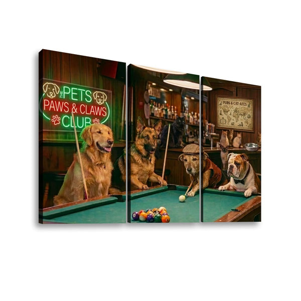 Three-panel canvas wall art showing dogs playing pool in a bar scene, with a neon sign reading 'Pets Paws & Claws Club' on the left panel.