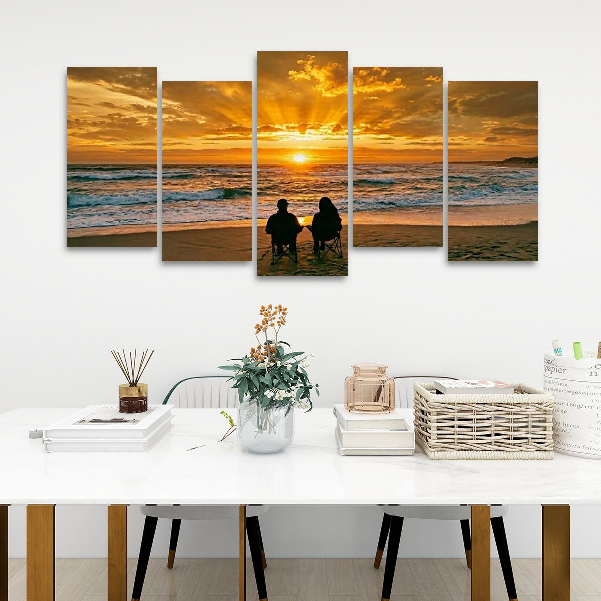 Sunset Surf Couple on the Beach Canvas Wall Art – Romantic Coastal Scene | 5-Panel Level Print