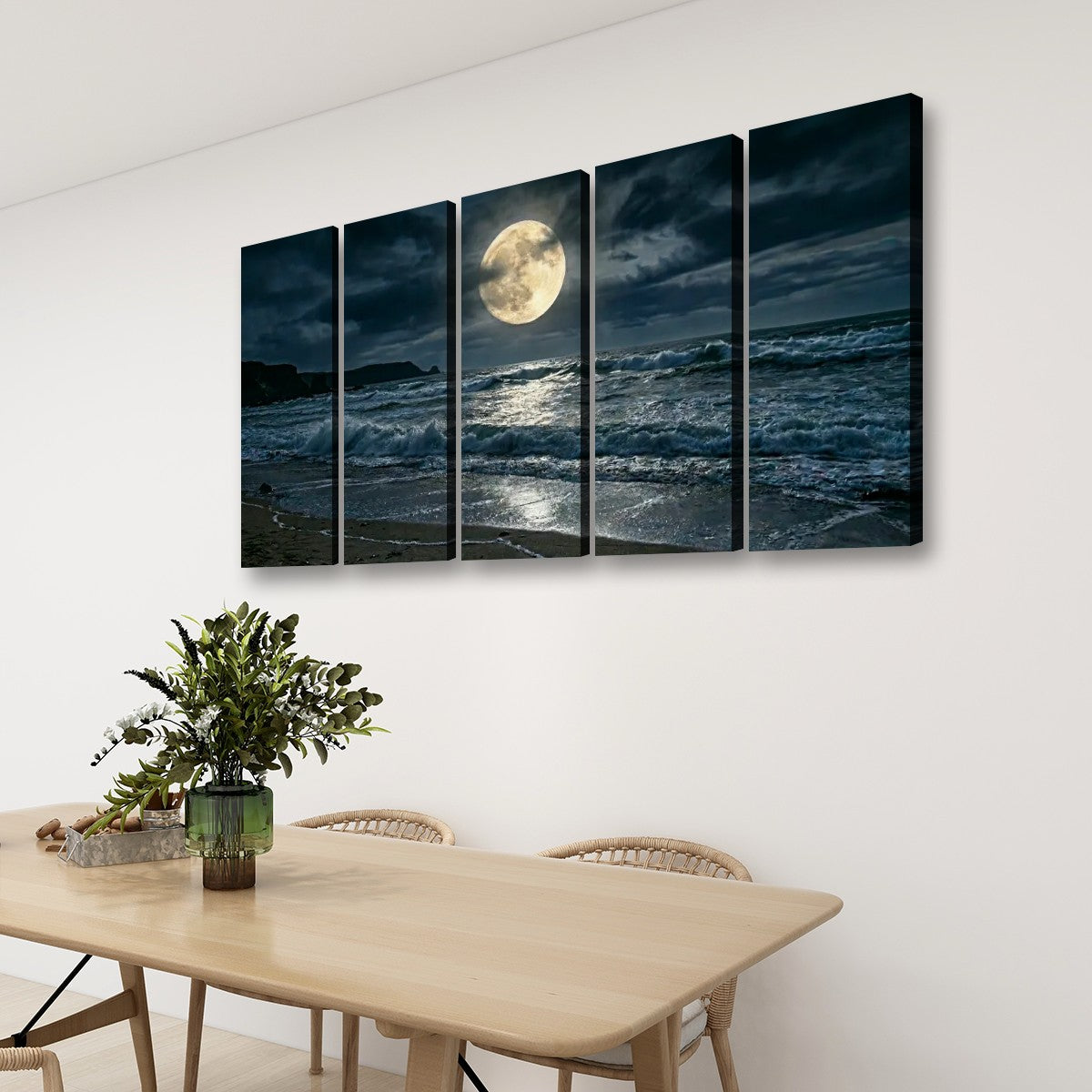 Gulf Moon Reflection Canvas Wall Art – Moonlit Beach Night Scene | 1, 3 & 5 Panel Coastal Print