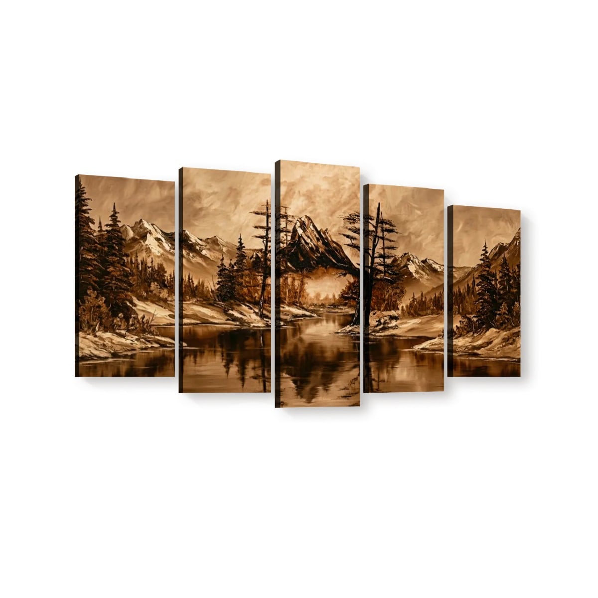 A five-panel canvas wall art set depicting a mountain landscape with snowy peaks, evergreen trees, and a reflective lake in warm sepia tones, shown against a plain white background.