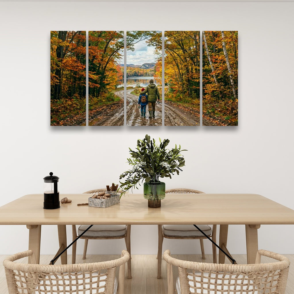 A five-panel canvas wall art print depicting a couple walking on a path through an autumn forest, displayed on a white wall above a wooden dining table with chairs.