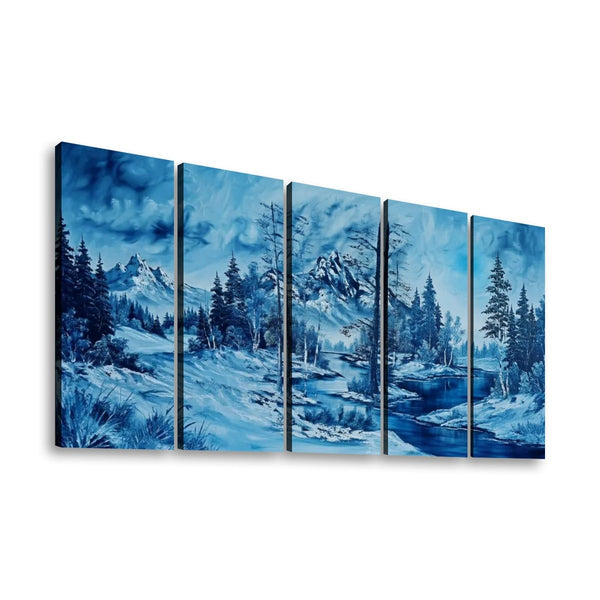 A five-panel canvas wall art set depicting a snowy mountain landscape with pine trees and a blue river, shown against a plain white background.