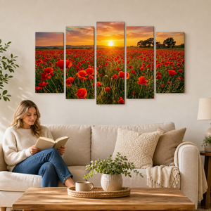 Golden Hour Poppy Field Canvas Wall Art – Fields of Fire | 5-Panel Level Nature Landscape Print
