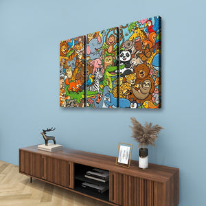 A three-panel canvas wall art set featuring a colorful, busy cartoon animal illustration, displayed on a light blue wall above a wooden console table with decorative items.
