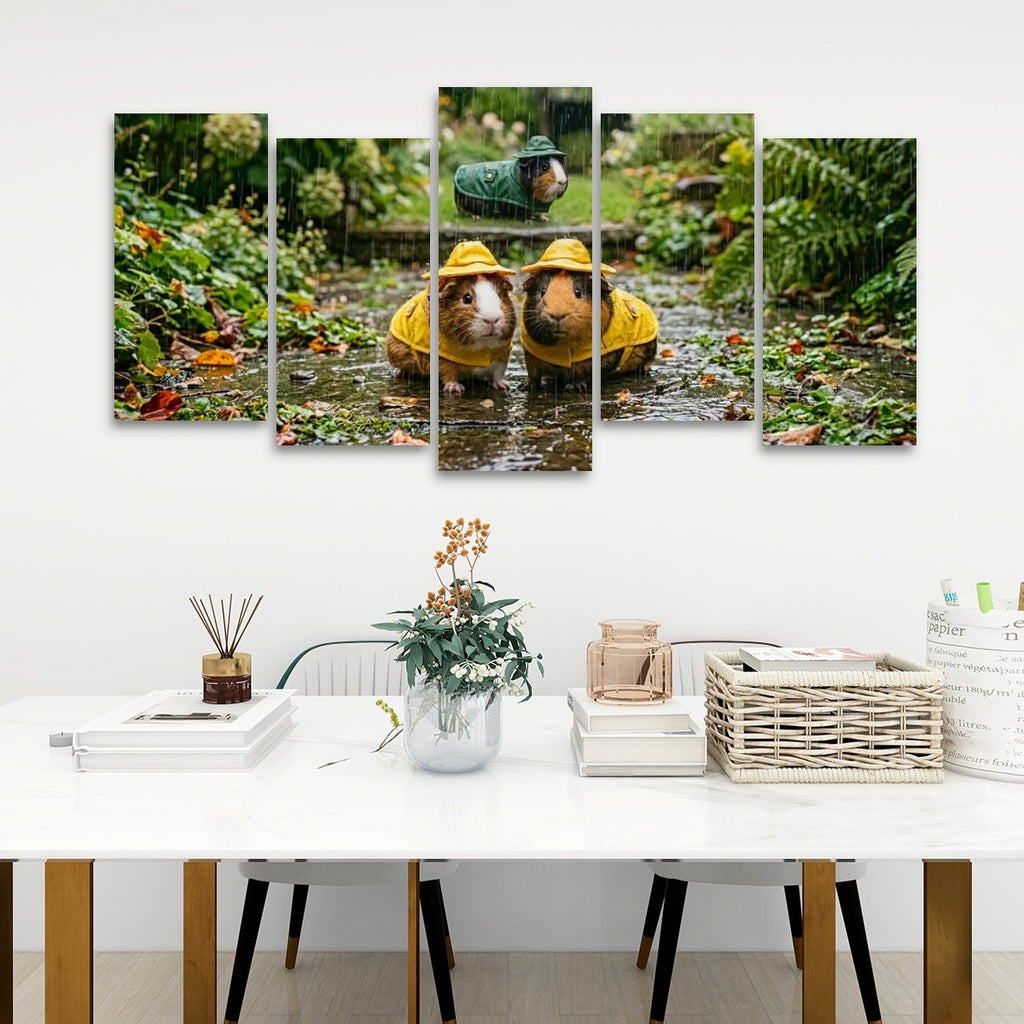 3 Guinea Pigs Playing in the Rain | 5-Panel Level Canvas Wall Art | 1, 3, 5 Panel