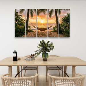 Drift Into Sunset – Hammock & Palm Trees 5-Panel Canvas Wall Art