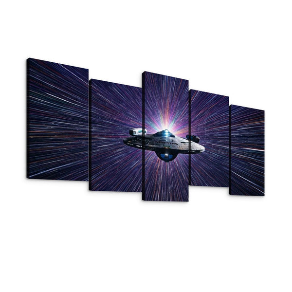 A 5-panel canvas wall art set depicting the Millennium Falcon flying forward through a starburst galaxy space scene, shown against a plain white background.