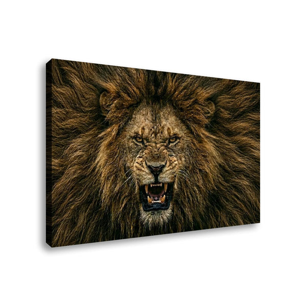 A rectangular wall art canvas showing a close-up lion face with an open mouth and full mane, photographed against a plain white background.