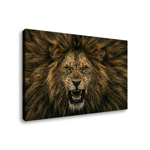 A rectangular wall art canvas showing a close-up lion face with an open mouth and full mane, photographed against a plain white background.