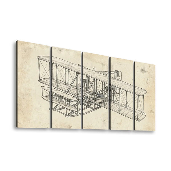 Wright Brothers First Flight Canvas Wall Art – Aviation History Sketch Print | 5-Panel Level