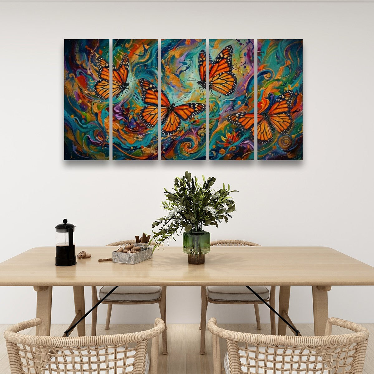 Abstract Monarch Butterflies Multi-Colored Canvas Wall Art | 1, 3 & 5 Panel Print