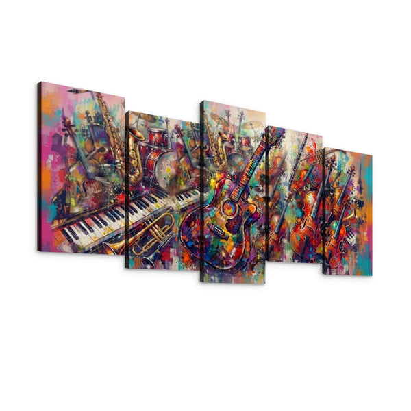 A five-panel canvas wall art set depicting an abstract, colorful musical scene with guitars, a piano keyboard, and brass instruments on a white background.