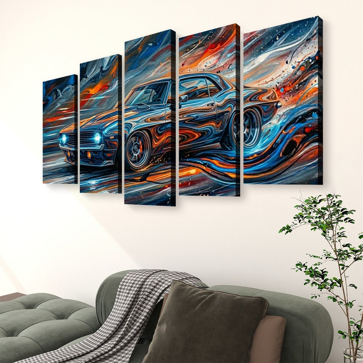 A five-panel canvas wall art set depicting a stylized blue 1969  Camaro  sports car with swirling orange, red, and white brushstrokes, displayed above a sofa in a living room setting.