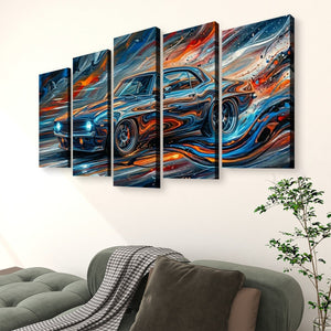 A five-panel canvas wall art set depicting a stylized blue 1969  Camaro  sports car with swirling orange, red, and white brushstrokes, displayed above a sofa in a living room setting.