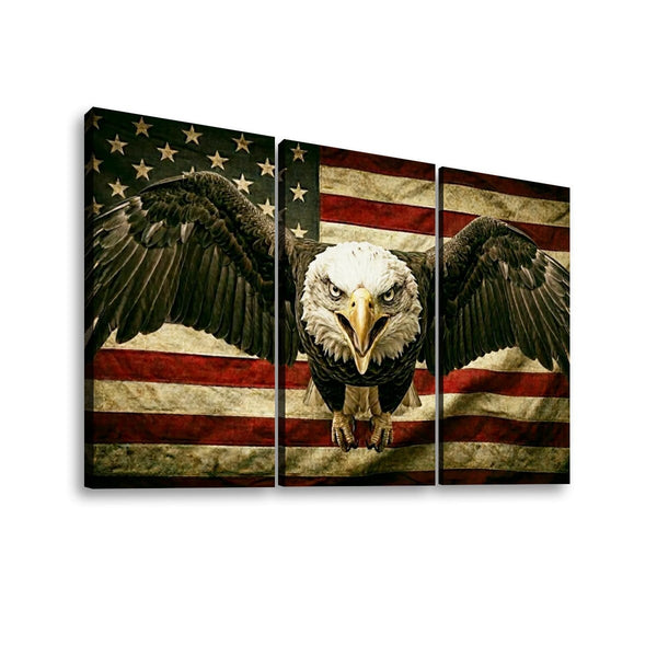 Three-panel canvas wall art showing a bald eagle in front of a distressed American flag, displayed against a plain white background.
