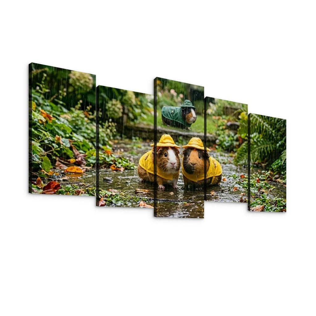 3 Guinea Pigs Playing in the Rain | 5-Panel Level Canvas Wall Art | 1, 3, 5 Panel