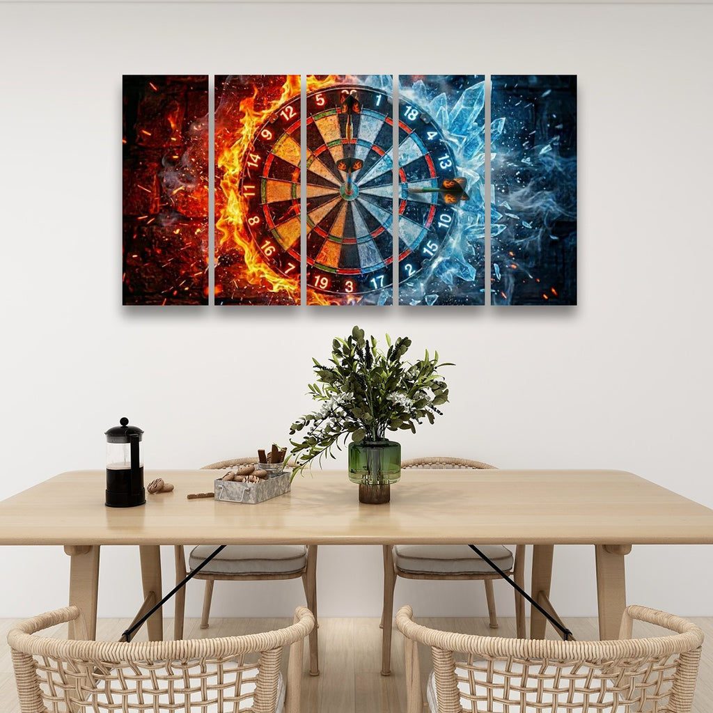 A four-panel canvas wall art set depicting a dartboard split between fiery orange/red on the left and icy blue on the right, displayed above a wooden dining table in a modern room setting.