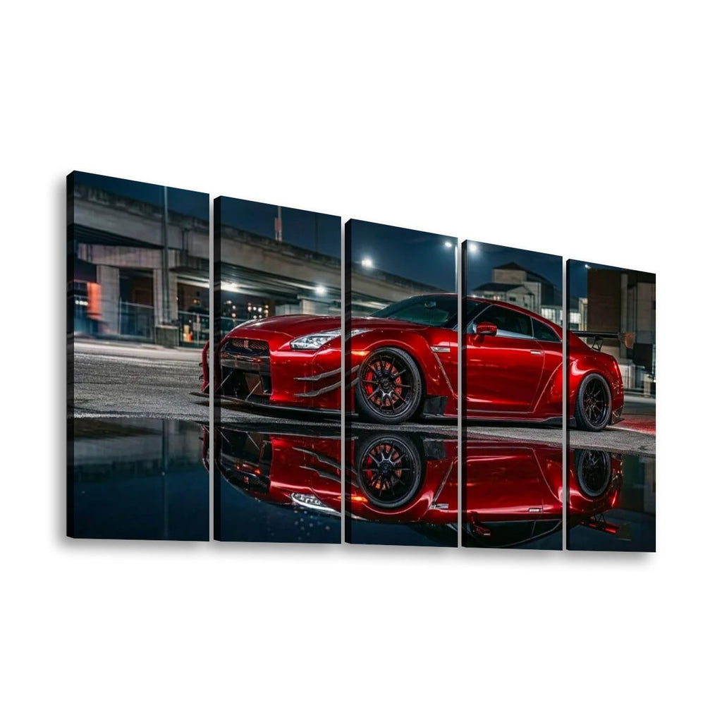 A five-panel canvas wall art set depicting a red  Nissan GTR R35  sports car at night with its reflection on wet pavement, shown against a plain white background.