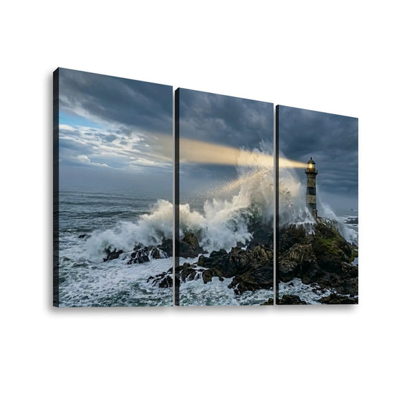 Stormy Lighthouse Canvas Wall Art – Dramatic Coastal Storm Scene | 1, 3 & 5 Panel Home Décor Print
