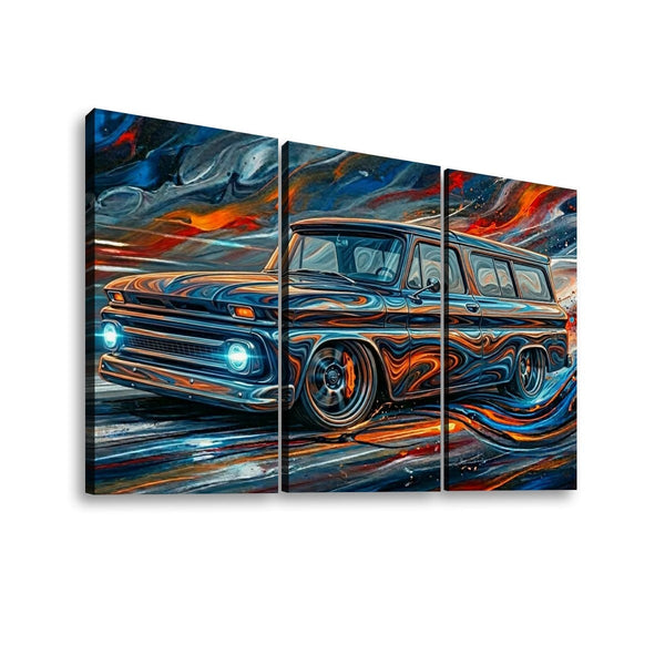 A three-panel canvas wall art set depicting a stylized 1966 Chevy Suburban Carryall blue pickup van with swirling abstract brushstrokes in orange, red, black, and white.