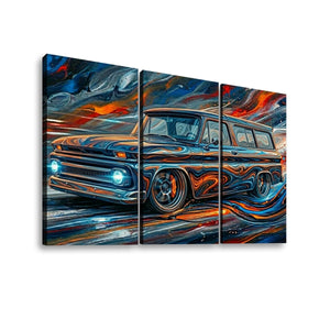 A three-panel canvas wall art set depicting a stylized 1966 Chevy Suburban Carryall blue pickup van with swirling abstract brushstrokes in orange, red, black, and white.