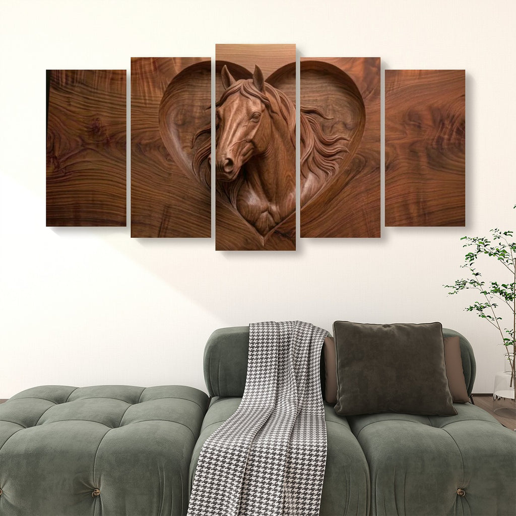 Wood Sculpture Horse Head with Heart 5-Panel Canvas Wall Art