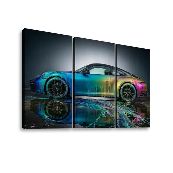 Three-panel canvas wall art showing a sports car with a vivid iridescent blue, green, yellow, and pink paint effect, displayed against a dark studio-style background with a reflective floor.